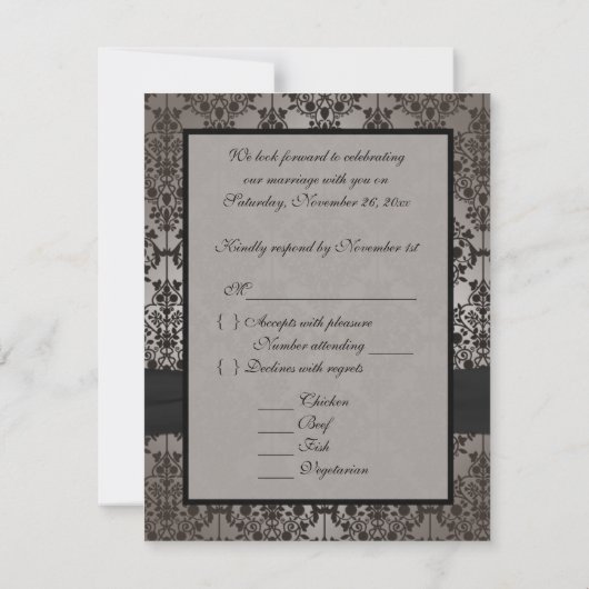 グレーとブラックのダマスク結婚式RSVPカード 出欠カード (裏面)