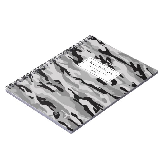 グレーとブラックの迷彩柄パターパーソナライズされたン ノートブック (左側)