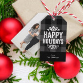 グレーとブラックバッファローチェック素朴ホリデーフォト ギフトタグ