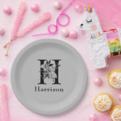 グレーとブラックフローラモノグラムレターHカスタム ペーパープレート (パーティー)