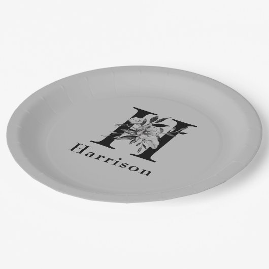 グレーとブラックフローラモノグラムレターHカスタム ペーパープレート (アングル)