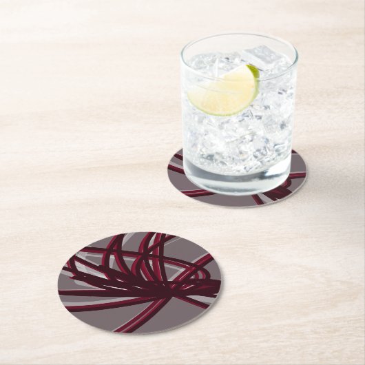 グレーとブルゴーニュの芸術的抽象芸術リボン ラウンドペーパーコースター (インサイチュ)