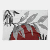 グレーとブルゴーニュモダンの水の色葉の キッチンタオル (横)