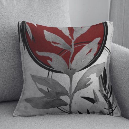 グレーとブルゴーニュ芸術的抽象芸術の水色のリーフ クッション