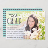 グレーとブルーのシェブロン大学院パーティー写真 招待状 (正面/裏面)