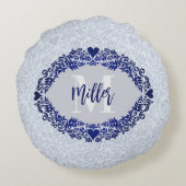 グレーとブルーのダマスクモノグラム装飾名 ラウンドクッション (裏面)