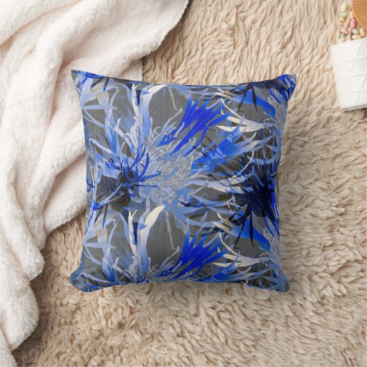 グレーとブルーのモダン抽象芸術芸術的フローラ クッション (ブランケット)