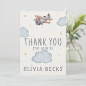 グレーとベージュの水の色ベビーシャワー サンキューカード (スタンド正面)