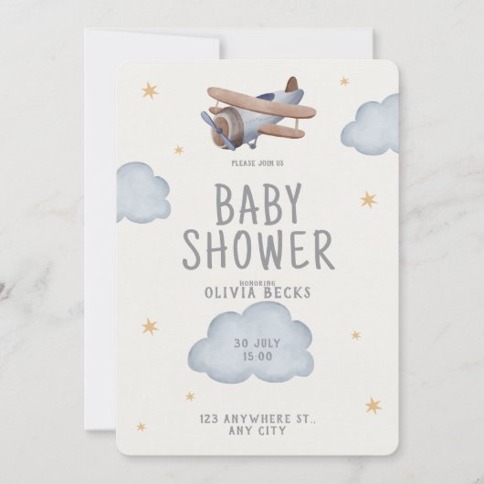 グレーとベージュの水の色ベビーシャワー 招待状 (正面)