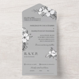 グレーとホワイかわいらしトフラ結婚ワーズ オールインワン招待状