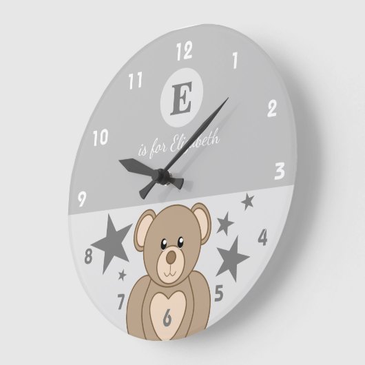グレーとホワイトのテディベアと星の赤ちゃん名前 ラージ壁時計 (傾斜)