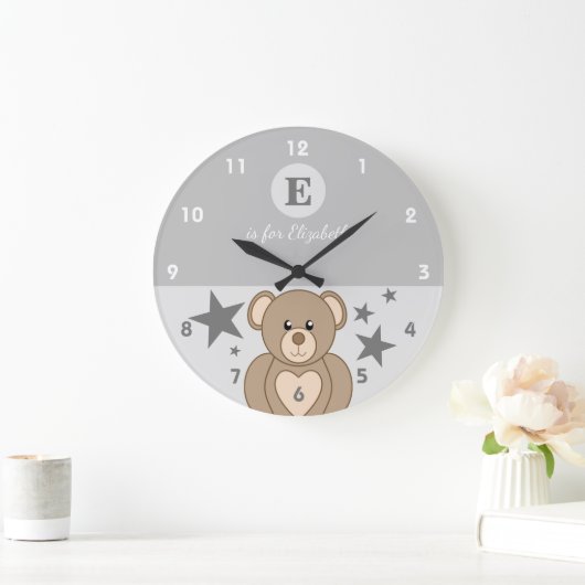 グレーとホワイトのテディベアと星の赤ちゃん名前 ラージ壁時計 (ホーム)