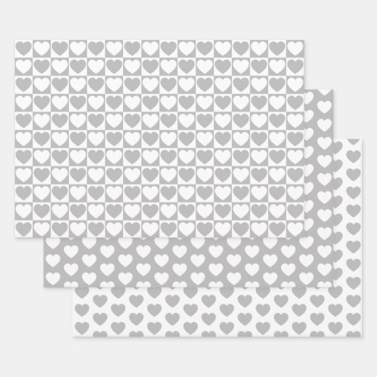 グレーとホワイトのハート ラッピングペーパーシート (セット)