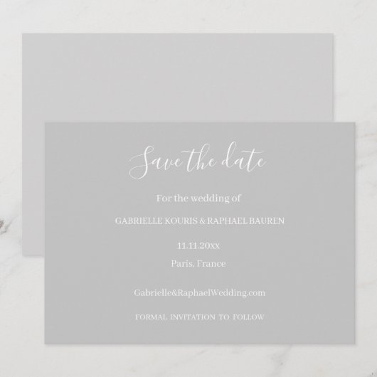 グレーとホワイトのミニマルな結婚式のSave The Date 招待状 (正面/裏面)