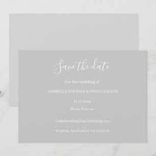 グレーとホワイトのミニマルな結婚式のSave The Date 招待状