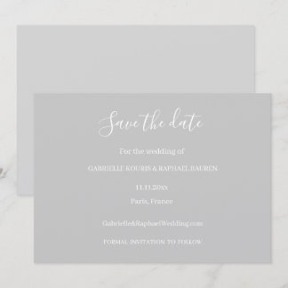 グレーとホワイトのミニマルな結婚式のSave The Date 招待状