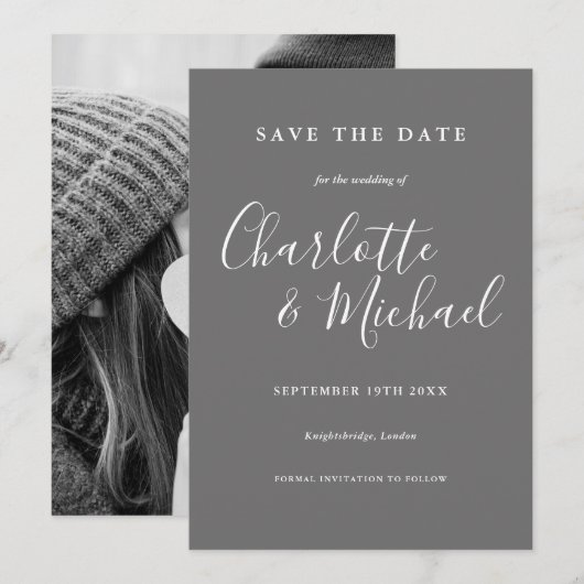 グレーとホワイトの結婚式　フォトウェディング　Save the Date 招待状 (正面/裏面)