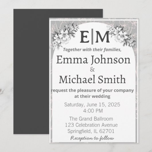 グレーとホワイトエレガンスモダンフローララインアート 招待状 (正面/裏面)