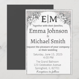 グレーとホワイトエレガンスモダンフローララインアート 招待状