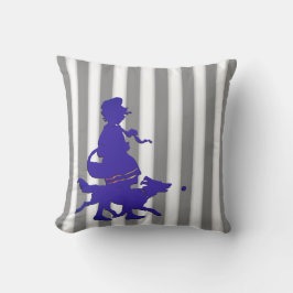 グレーとホワイトストライプの子供とドグブルーシルエット クッション