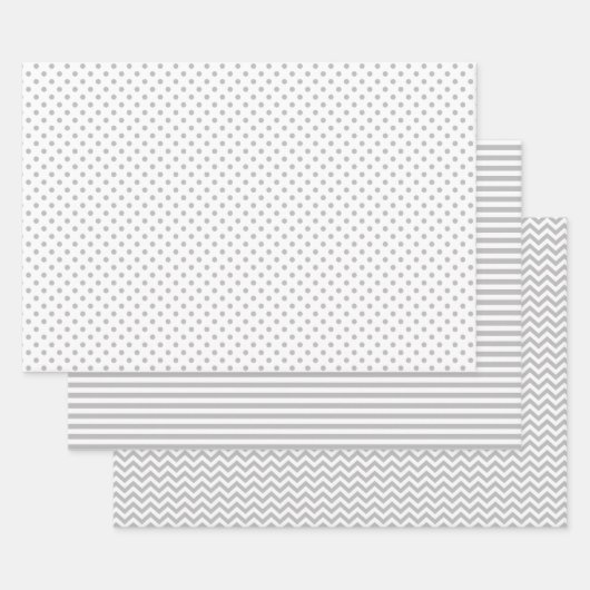 グレーとホワイトストライプ水玉模様 ラッピングペーパーシート (セット)