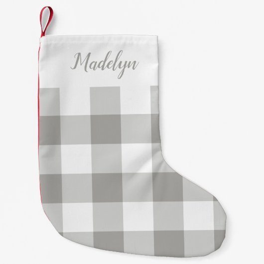 グレーとホワイトバッファロープレイドパーソナライズされた スモールクリスマスストッキング (正面)