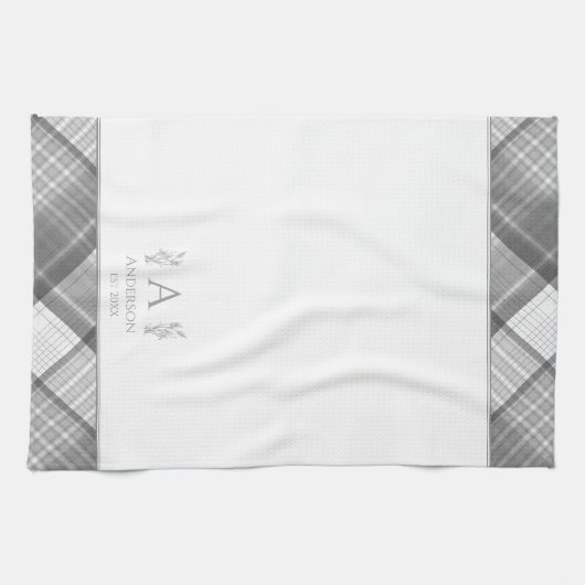 グレーとホワイトプレイド名パーソナライズされたモノグラム キッチンタオル (横)