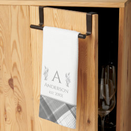 グレーとホワイトプレイド名パーソナライズされたモノグラム キッチンタオル