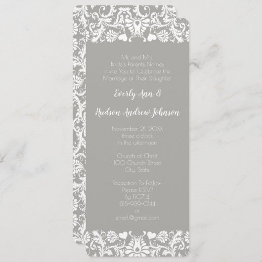 グレーとホワイトレースのフローラダマスクウェディング 招待状 (正面/裏面)