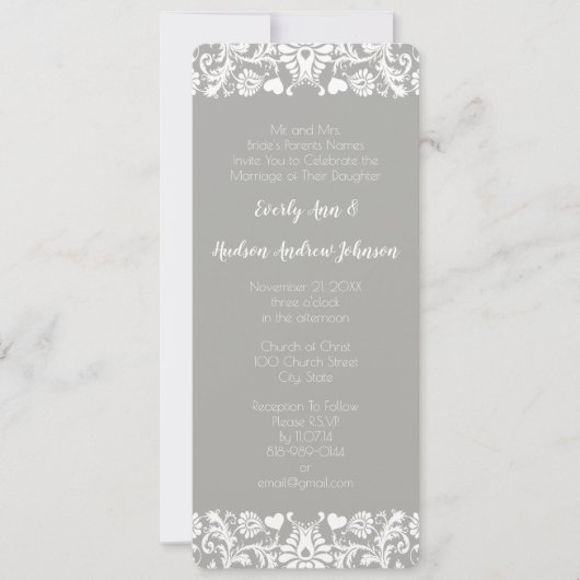 グレーとホワイトレースのフローラダマスクウェディング 招待状 (正面)