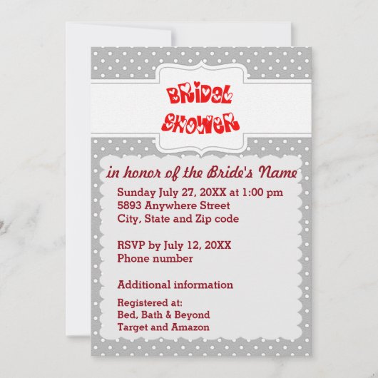 グレーとホワイト水玉模様ハートブライダルシャワーカード 招待状 (正面)