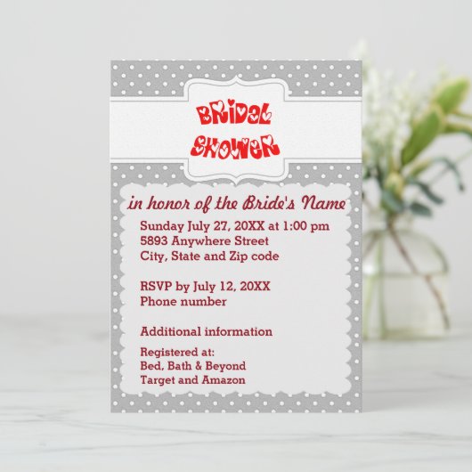 グレーとホワイト水玉模様ハートブライダルシャワーカード 招待状 (スタンド正面)