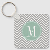 グレーとミントグリーンシェブロンパターンとモノグラム キーホルダー (正面)
