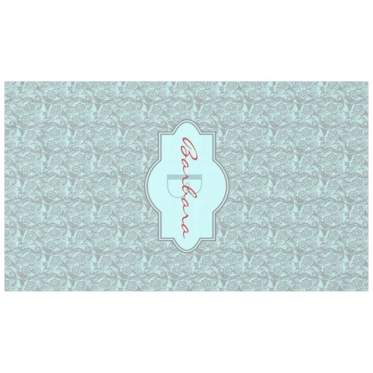 グレーとライトブルーの抽象芸術フローラモノグラムテーブル テーブルクロス (正面(横))