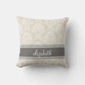 グレーとリネンのヴィンテージダマスクパターン(名前) クッション (正面)