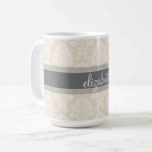 グレーとリネンのヴィンテージダマスクパターン（名前） コーヒーマグカップ (正面左)