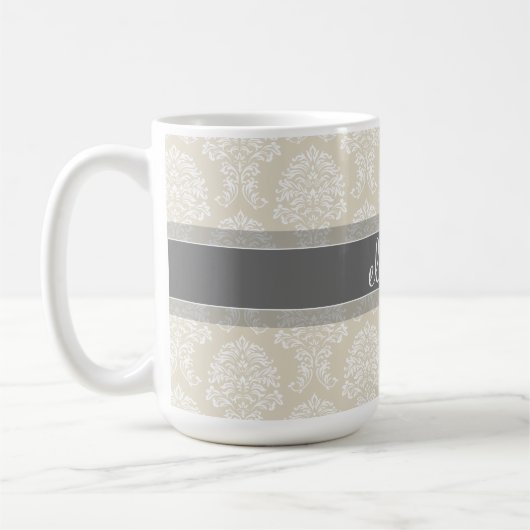 グレーとリネンのヴィンテージダマスクパターン（名前） コーヒーマグカップ (左)