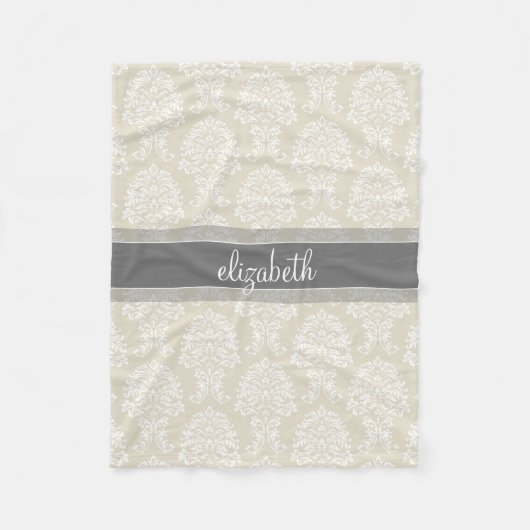 グレーとリネンのヴィンテージダマスクパターン(名前) フリースブランケット (正面)