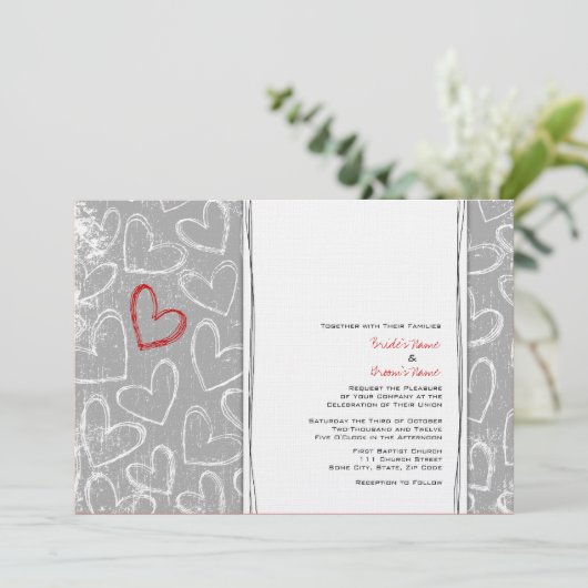 グレーとレッドのハート結婚式招待状 招待状 (スタンド正面)