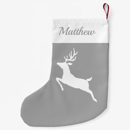 グレーと名前をカスタムするの白いトナカイのシルエット スモールクリスマスストッキング (裏面)