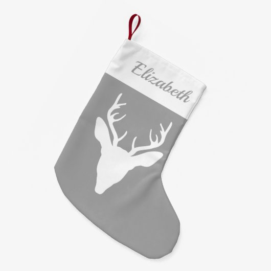 グレーと名前をカスタムするの白い鹿の頭のシルエット スモールクリスマスストッキング (正面 (吊り時))