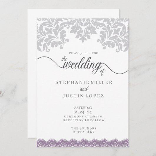グレーと埃っぽい紫のスクロール結婚式招待状 招待状 (正面/裏面)