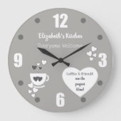 グレーと白と名前コーヒーカップとハート ラージ壁時計 (正面)