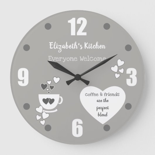 グレーと白と名前コーヒーカップとハート ラージ壁時計 (正面)