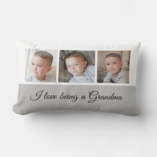 グレーと白のおばあちゃんの写真コラージュ ランバークッション (正面)