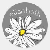 グレーと白のお洒落デイジーとカスタム文字 ラウンドシール (正面)
