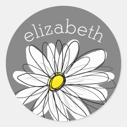 グレーと白のお洒落デイジーとカスタム文字 ラウンドシール (正面)
