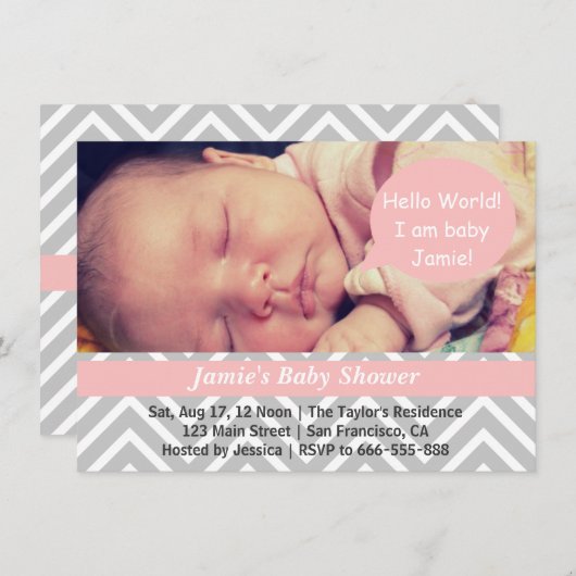 グレーと白のシェブロンの女の子のベビーシャワー写真 招待状 (正面/裏面)