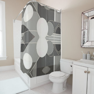グレーと白のジオメトリデザイン(円の線あり) シャワーカーテン