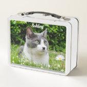 グレーと白のタキシード猫のカスタム写真 メタルランチボックス (裏面)